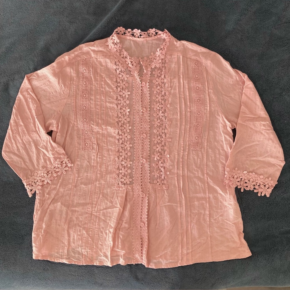 Pink Lace Eyelet Embroidery Trim Blouse
